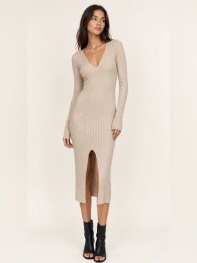 Zara Oatmeal Ribbed Deep V-Neck Long Sleeve Midi Dress w Front Slit / TAG is MED